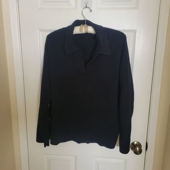 Black Split Hem Johnny Collar Oversized Pullover ~ Size Large - Picture 3 of 4